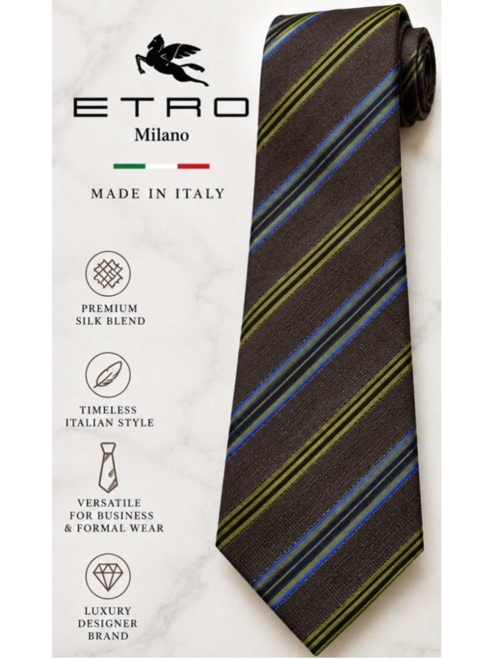Etro Silk Striped Tie in Brown and Green - One Size Italian Luxury New W Tag